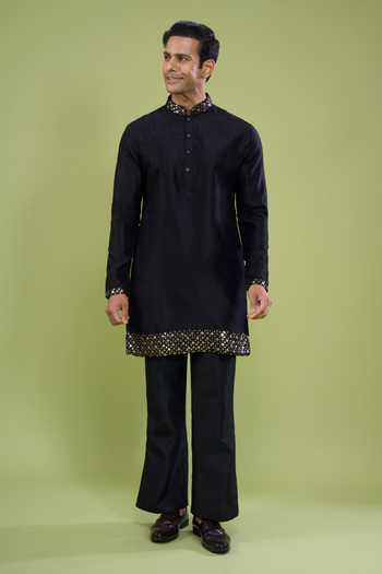 Shop_Arihant Rai Sinha_Black Silk Lace Plain Kurta And Pant Set _Online_at_Aza_Fashions