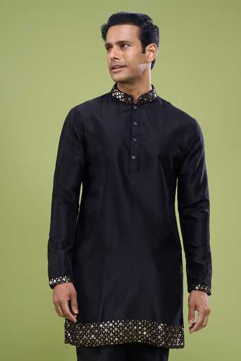 Arihant Rai Sinha_Black Silk Lace Plain Kurta And Pant Set _at_Aza_Fashions