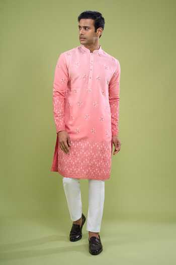 Shop Arihant Rai Sinha Pink Silk, Cotton Mirror Work Kurta And Pant Set Shop_Arihant Rai Sinha_Pink Silk, Cotton Mirror Work Kurta And Pant Set