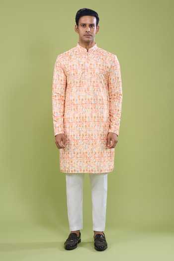 Arihant Rai Sinha_Orange Cotton Thread And Sequin Embroidered Kurta Set _Online_at_Aza_Fashions
