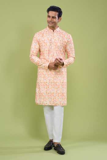 Buy_Arihant Rai Sinha_Orange Cotton Thread And Sequin Embroidered Kurta Set _Online_at_Aza_Fashions