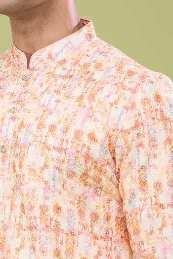 Shop_Arihant Rai Sinha_Orange Cotton Thread And Sequin Embroidered Kurta Set _Online_at_Aza_Fashions