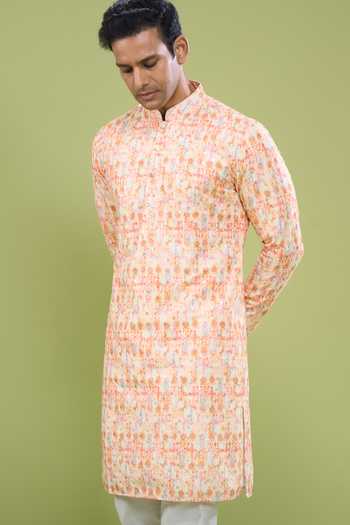 Arihant Rai Sinha_Orange Cotton Thread And Sequin Embroidered Kurta Set _at_Aza_Fashions