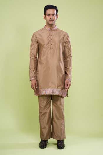 Buy_Arihant Rai Sinha_Brown Silk, Cotton Plain Kurta And Pant Set _Online_at_Aza_Fashions
