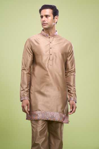 Shop_Arihant Rai Sinha_Brown Silk, Cotton Plain Kurta And Pant Set _Online_at_Aza_Fashions