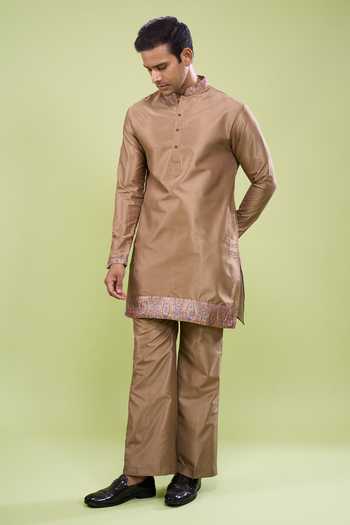 Arihant Rai Sinha_Brown Silk, Cotton Plain Kurta And Pant Set _at_Aza_Fashions