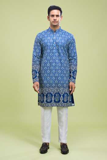 Arihant Rai Sinha_Blue Cotton Embroidered Kurta And Pant Set _Online_at_Aza_Fashions