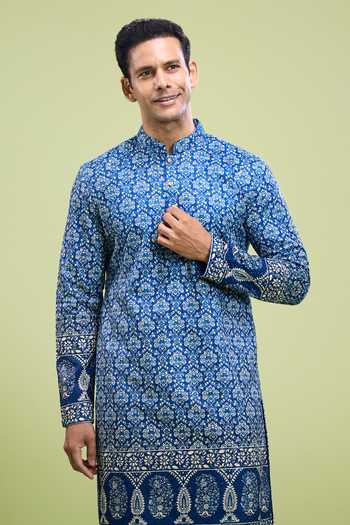Shop_Arihant Rai Sinha_Blue Cotton Embroidered Kurta And Pant Set _Online_at_Aza_Fashions