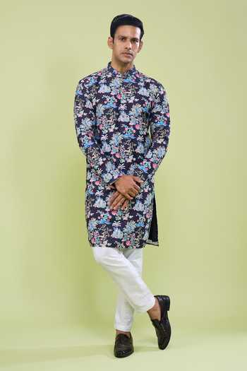 Shop_Arihant Rai Sinha_Black Cotton Thread Embroidered Kurta And Pant Set _Online_at_Aza_Fashions