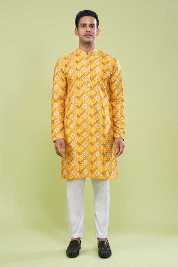 Shop Arihant Rai Sinha Yellow Cotton Thread Embroidered Kurta And Pant Set Online at Aza Fashions Shop_Arihant Rai Sinha_Yellow Cotton Thread Embroidered Kurta And Pant Set _Online_at_Aza_Fashions