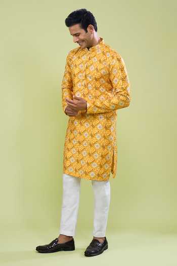 Arihant Rai Sinha Yellow Cotton Thread Embroidered Kurta And Pant Set at Aza Fashions Arihant Rai Sinha_Yellow Cotton Thread Embroidered Kurta And Pant Set _at_Aza_Fashions