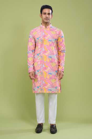 Shop_Arihant Rai Sinha_Pink Cotton Thread And Sequin Embroidered Kurta Set _Online_at_Aza_Fashions
