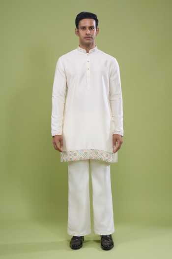 Arihant Rai Sinha_Cream Cotton Border Embroidered Kurta And Pant Set _Online_at_Aza_Fashions