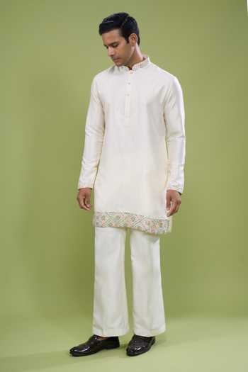 Buy_Arihant Rai Sinha_Cream Cotton Border Embroidered Kurta And Pant Set _Online_at_Aza_Fashions