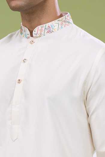 Shop_Arihant Rai Sinha_Cream Cotton Border Embroidered Kurta And Pant Set _Online_at_Aza_Fashions