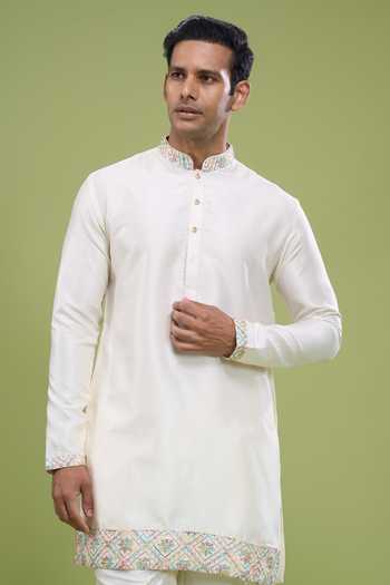 Arihant Rai Sinha_Cream Cotton Border Embroidered Kurta And Pant Set _at_Aza_Fashions