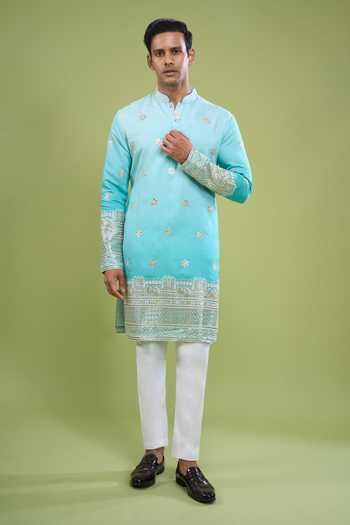 Buy Arihant Rai Sinha Blue Silk, Cotton Sequin Embroidered Kurta And Pant Set Online at Aza Fashions Buy_Arihant Rai Sinha_Blue Silk, Cotton Sequin Embroidered Kurta And Pant Set _Online_at_Aza_Fashions