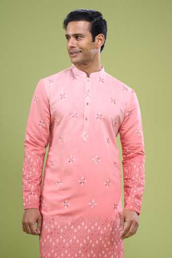 Arihant Rai Sinha_Pink Silk, Cotton Mirror Work Kurta And Pant Set _Online_at_Aza_Fashions