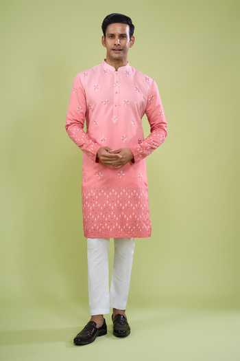 Buy_Arihant Rai Sinha_Pink Silk, Cotton Mirror Work Kurta And Pant Set _Online_at_Aza_Fashions