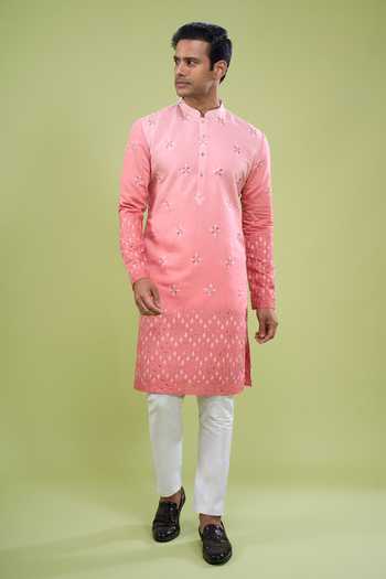 Arihant Rai Sinha_Pink Silk, Cotton Mirror Work Kurta And Pant Set _at_Aza_Fashions