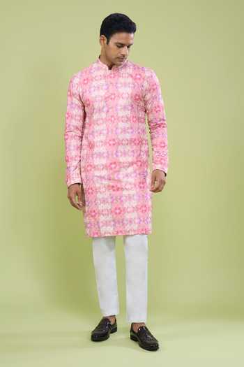 Arihant Rai Sinha_Pink Cotton Embroidered Kurta And Pant Set _Online_at_Aza_Fashions