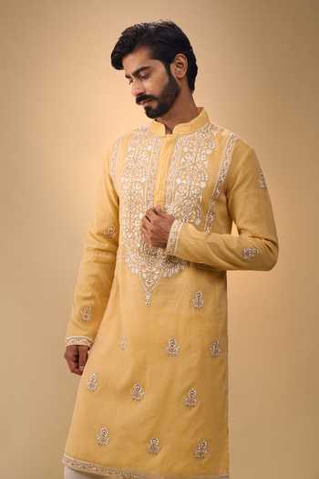 Arihant Rai Sinha Orange Chanderi, Crepe Embroidered Straight Kurta Set Online at Aza Fashions Arihant Rai Sinha_Orange Chanderi, Crepe Embroidered Straight Kurta Set _Online_at_Aza_Fashions