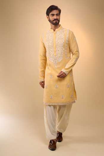 Shop Arihant Rai Sinha Orange Chanderi, Crepe Embroidered Straight Kurta Set Online at Aza Fashions Shop_Arihant Rai Sinha_Orange Chanderi, Crepe Embroidered Straight Kurta Set _Online_at_Aza_Fashions