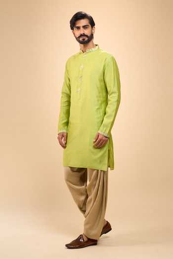 Buy_Arihant Rai Sinha_Green Chanderi, Crepe Plain Kurta And Pyjama Set _Online_at_Aza_Fashions