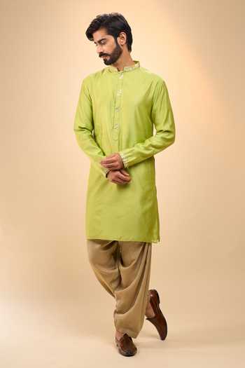 Shop_Arihant Rai Sinha_Green Chanderi, Crepe Plain Kurta And Pyjama Set _Online_at_Aza_Fashions