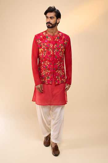 Shop_Arihant Rai Sinha_Red Chanderi, Cotton Satin Floral Pattern Bundi Kurta Set _Online_at_Aza_Fashions