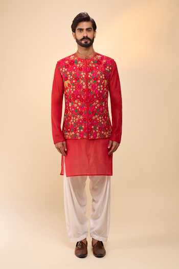 Buy_Arihant Rai Sinha_Red Chanderi, Cotton Satin Floral Pattern Bundi Kurta Set 