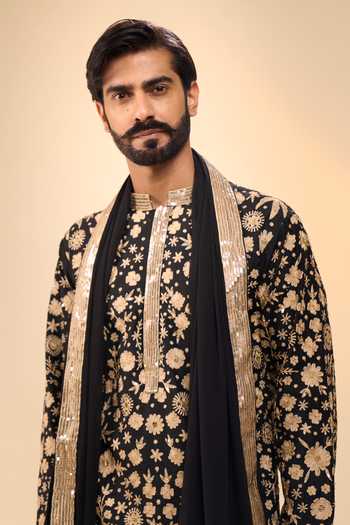 Arihant Rai Sinha Black Chanderi, Crepe, Net Embroidered Kurta Pyjama Set Online at Aza Fashions Arihant Rai Sinha_Black Chanderi, Crepe, Net Embroidered Kurta Pyjama Set _Online_at_Aza_Fashions
