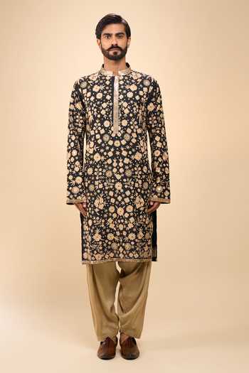 Shop Arihant Rai Sinha Black Chanderi, Crepe, Net Embroidered Kurta Pyjama Set Online at Aza Fashions Shop_Arihant Rai Sinha_Black Chanderi, Crepe, Net Embroidered Kurta Pyjama Set _Online_at_Aza_Fashions