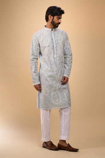 Shop Arihant Rai Sinha Sky Blue Chanderi, Cotton Embroidered Kurta And Pant Set Online at Aza Fashions Shop_Arihant Rai Sinha_Sky Blue Chanderi, Cotton Embroidered Kurta And Pant Set _Online_at_Aza_Fashions