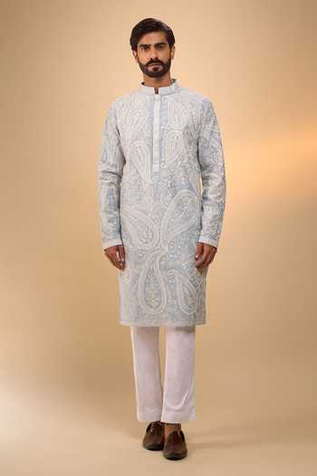 Shop Arihant Rai Sinha Sky Blue Chanderi, Cotton Embroidered Kurta And Pant Set Shop_Arihant Rai Sinha_Sky Blue Chanderi, Cotton Embroidered Kurta And Pant Set