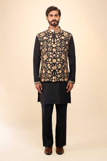 Buy_Arihant Rai Sinha_Black Chanderi, Cotton Satin Zari Floral Pattern Bundi Kurta Set _Online_at_Aza_Fashions