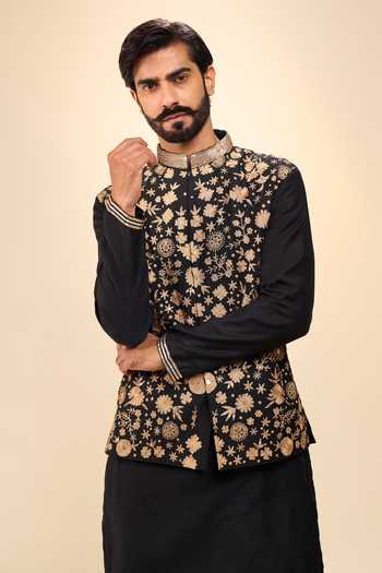 Shop_Arihant Rai Sinha_Black Chanderi, Cotton Satin Zari Floral Pattern Bundi Kurta Set _Online_at_Aza_Fashions