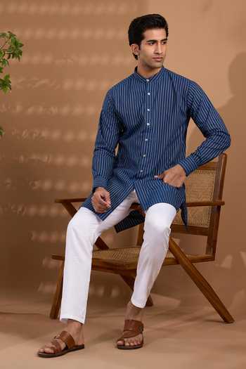 SPRING BREAK Blue Cotton Striped Pattern Kurta Online at Aza Fashions SPRING BREAK_Blue Cotton Striped Pattern Kurta _Online_at_Aza_Fashions