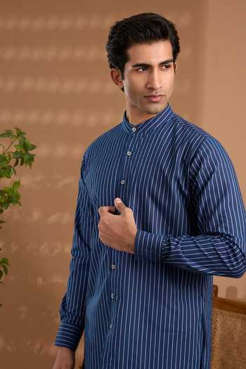 Shop SPRING BREAK Blue Cotton Striped Pattern Kurta Online at Aza Fashions Shop_SPRING BREAK_Blue Cotton Striped Pattern Kurta _Online_at_Aza_Fashions
