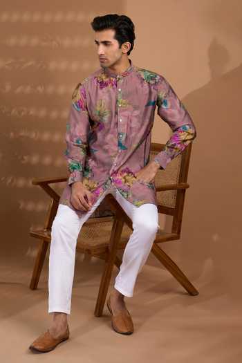 SPRING BREAK_Pink Silk Floral Print Kurta _Online_at_Aza_Fashions