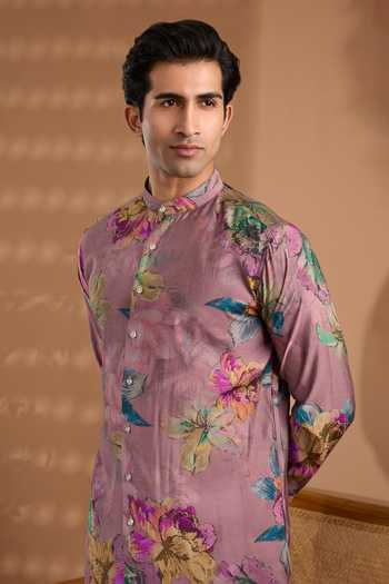 Buy_SPRING BREAK_Pink Silk Floral Print Kurta _Online_at_Aza_Fashions