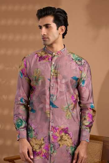 Shop_SPRING BREAK_Pink Silk Floral Print Kurta _Online_at_Aza_Fashions