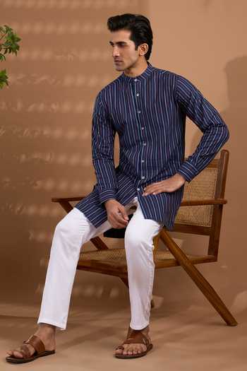 SPRING BREAK Blue Cotton Striped Pattern Kurta Online at Aza Fashions SPRING BREAK_Blue Cotton Striped Pattern Kurta _Online_at_Aza_Fashions