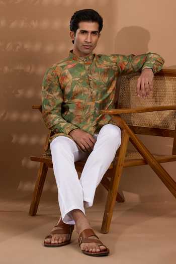 SPRING BREAK_Green Silk Floral Print Kurta _Online_at_Aza_Fashions