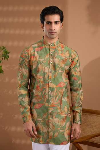 Buy_SPRING BREAK_Green Silk Floral Print Kurta _Online_at_Aza_Fashions