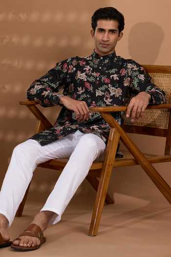Spring Break_Black Silk Floral Print Kurta _Online_at_Aza_Fashions