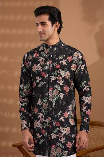Buy_Spring Break_Black Silk Floral Print Kurta _Online_at_Aza_Fashions