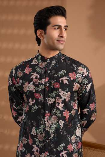 Shop_Spring Break_Black Silk Floral Print Kurta _Online_at_Aza_Fashions