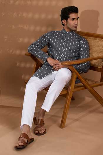 Shop_Spring Break_Grey Cotton Ikat Print Short Kurta _Online_at_Aza_Fashions