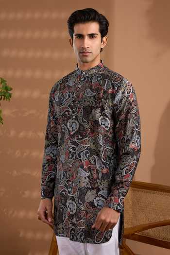Buy_Spring Break_Black Silk Paisley Print Kurta _Online_at_Aza_Fashions